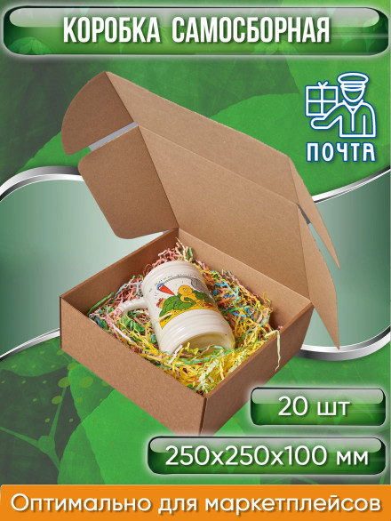 Коробка картонная самосборная, 25х25х10 см, объем 6,3 л, 20 шт, (Гофрокороб 250х250х100 мм, короб самосборный, почтовый).